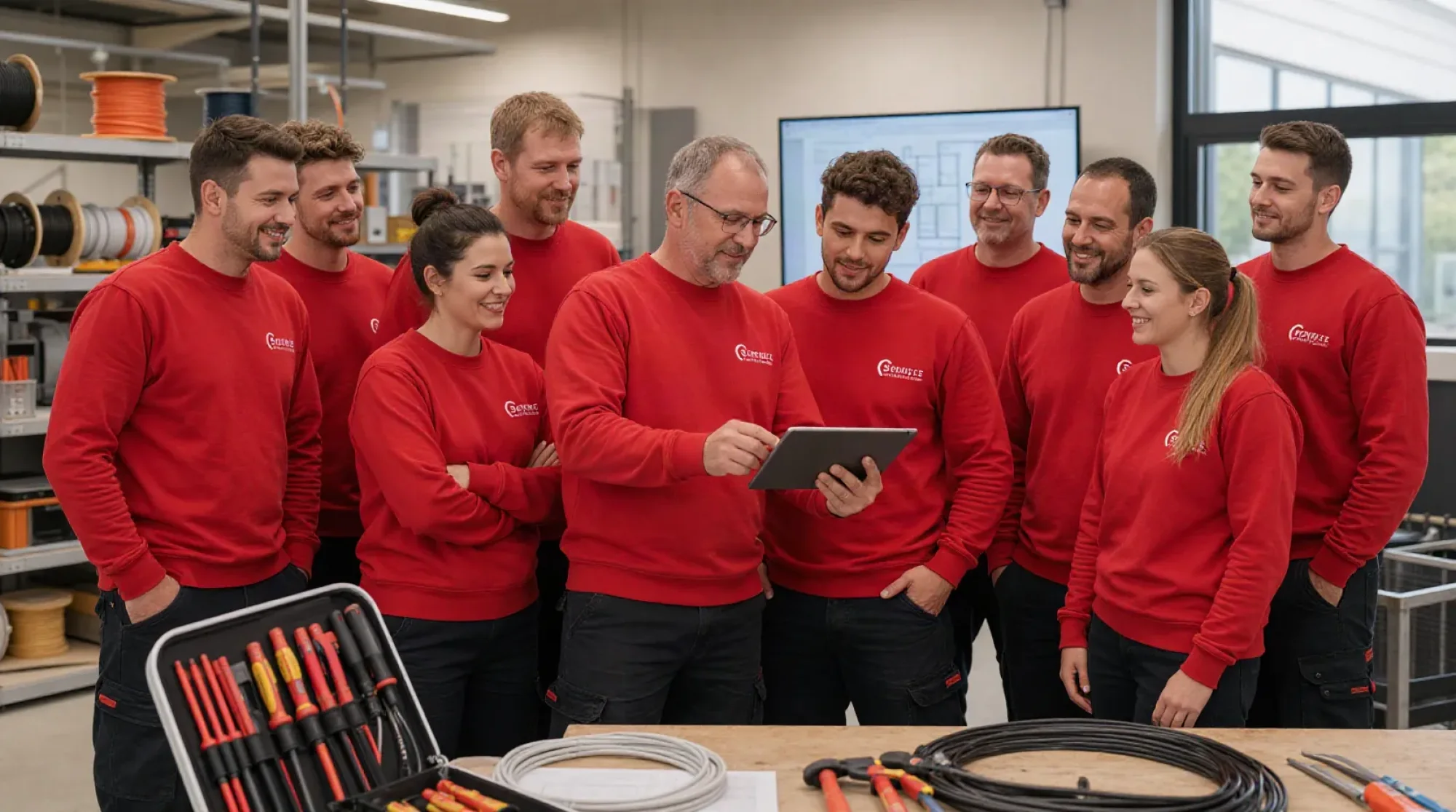 Das Team der Schulte Elektrotechnik GmbH in der Werkstatt