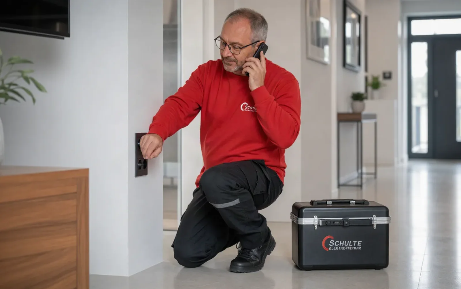 Elektriker der Schulte Elektrotechnik prüft eine Steckdose beim Kunden