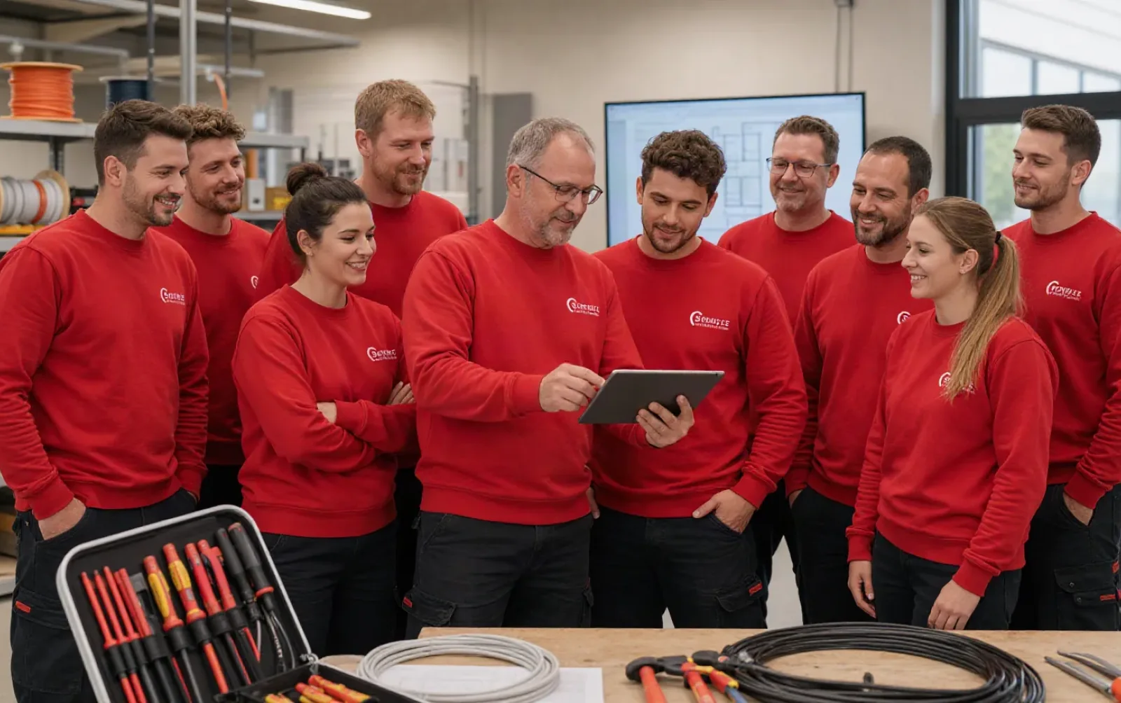 Das Team der Schulte Elektrotechnik GmbH in der Werkstatt